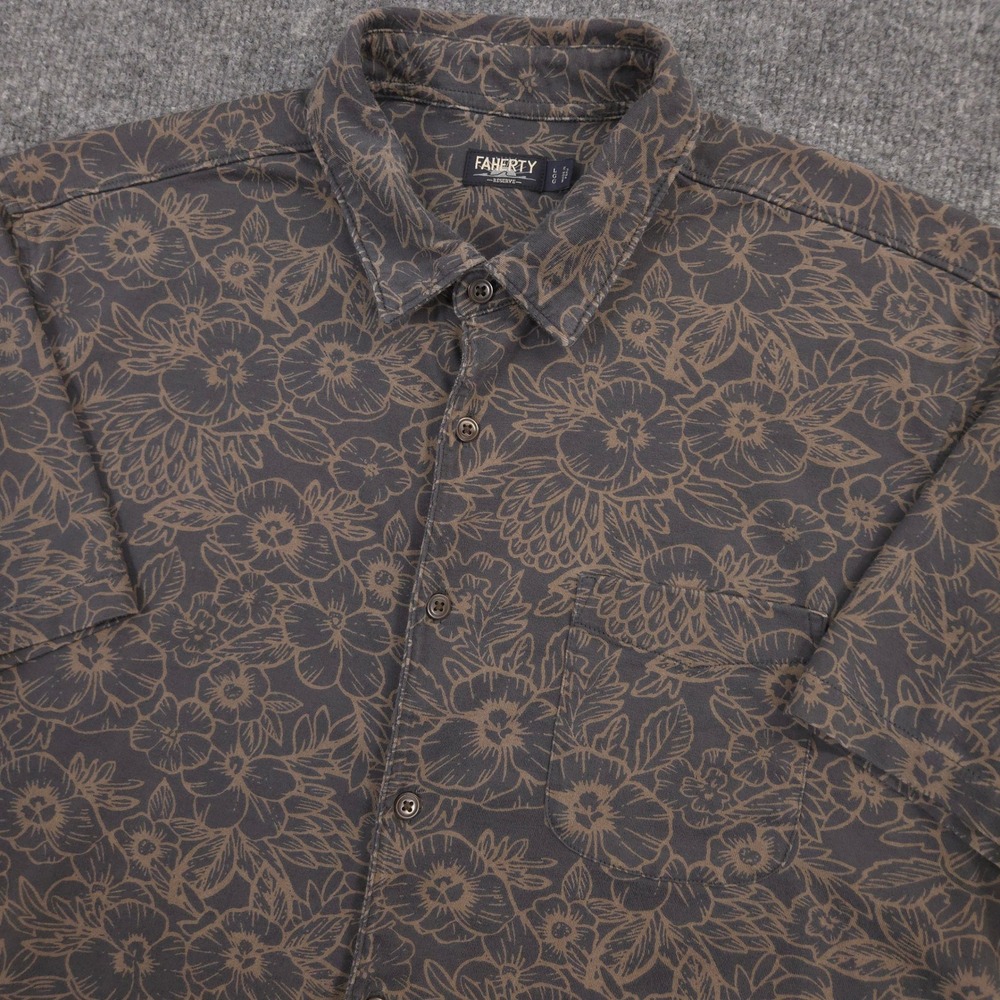 Faherty Reserve Pima Shirt Mens Large Brown Floral AOP Short Sleeve Button Up